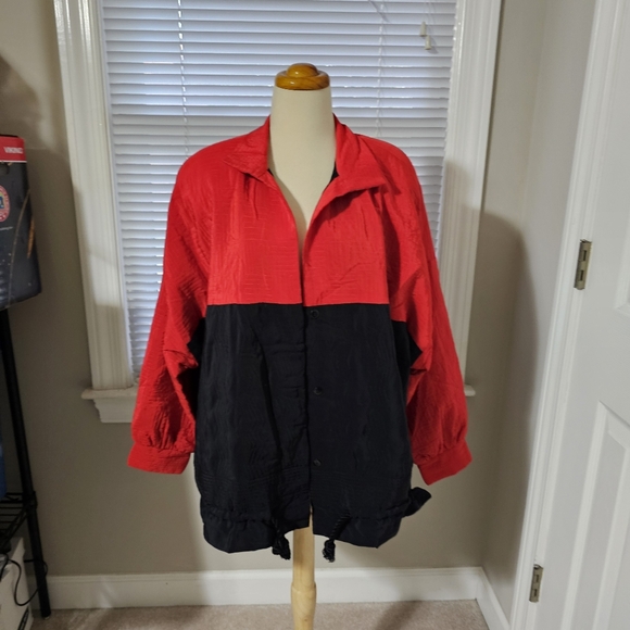 Vintage Ellen Tracy Red Black Block Quilted Silk Unisex Jacket L